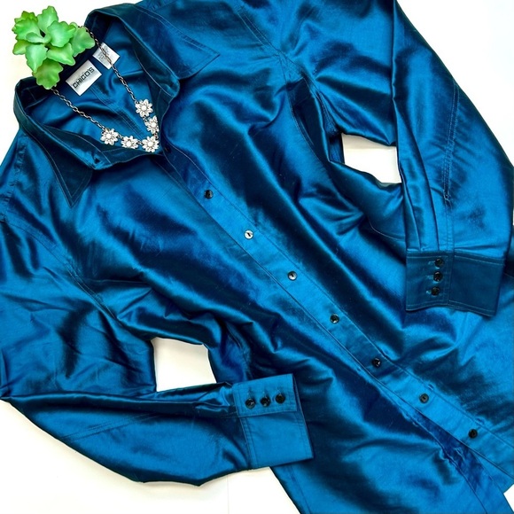 Chico's Tops - Chico's Teal Blue Raw Silk Long Sleeve Button Down Tunic Top Jacket Size 3 XL